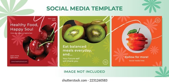 Healthy lifestyle with eating fruit social media post template with flowers and free hand doodles element decorations. Colorful template for brochure, poster, social media or website post, and others.