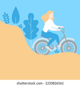 Healthy lifestyle in eco city, urban ecological transport banner. Vector illustration of Travel bicycle rent, cartoon cute girl character riding bike. Ecologic park landscape template