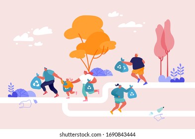 Healthy Lifestyle and Ecology Protection Concept. Active People Picking Up Litter During Plogging. Men, Woman and Kids Characters Run at Park Cleaning Environment. Cartoon People Vector Illustration