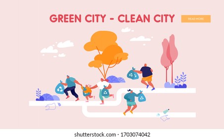 Healthy Lifestyle and Ecology Protection Landing Page Template. Active People Picking Up Litter During Plogging. Men, Woman and Kids Characters Run and Clean Environment. Cartoon Vector Illustration