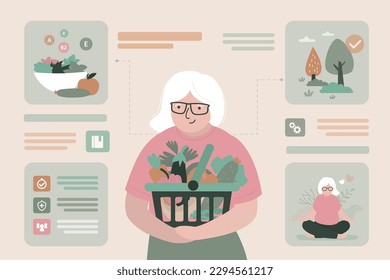 Healthy lifestyle of an elderly person. Infographics about healthy eating, physical activity for an age woman. Longevity, mental clarity and strong body in old age. Printable banner, template. vector