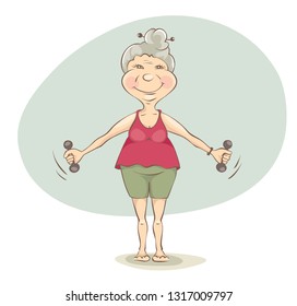 Healthy lifestyle. Elderly woman doing gymnastics, vector illustration.