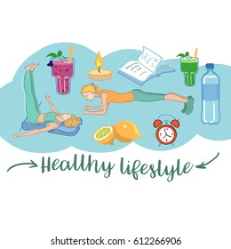 Healthy lifestyle elements card. Vector illustration.