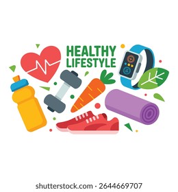 Healthy lifestyle elements including fitness and nutrition icons