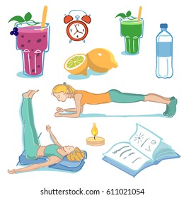 Healthy lifestyle elements set. Sport, smoothie, water, lemon, diary, candle alarm clock Modern colors Vector illustration