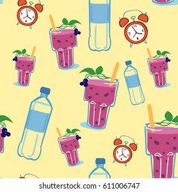 Healthy lifestyle elements smoothie, water, alarm clock seamless pattern on yellow background. Modern colors. Vector illustration.