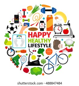 Healthy lifestyle emblem. Fitness promenade and food diet icons vector round label