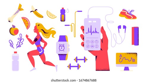 Healthy lifestyle equipment elements set: woman run in sport outfit, hand hold smartphone, fitness app, earphones, smart watch, yoga mat, water bottle, footwear, fruits etc. Vector flat illustration.