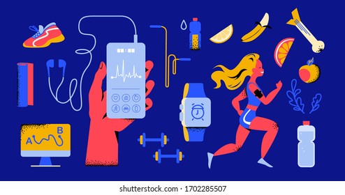 Healthy lifestyle equipment elements set: woman run in sport outfit, hand hold smartphone, fitness app, earphones, smart watch, yoga mat, water bottle, footwear, fruits etc. Vector flat illustration.