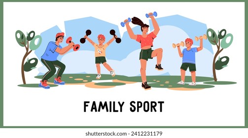 Healthy lifestyle and family sport activities concept of banner or poster, flat vector illustration isolated on white background. Parents and children in fun and active hobbies, sport workout.