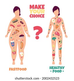 Healthy lifestyle. Fat and slim woman body scheme with good meal and fast food filling. Fitness and diet nutrition or excess weight. Female figures silhouette. Vector choice concept