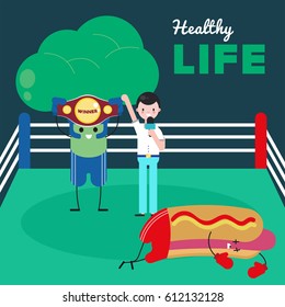 Healthy lifestyle. Fight with junk food and healthy food vector cartoon. Broccoli against hot-dog, broccoli overcomes hot-dog in a fight. Broccoli won. Referee announces the victory of broccoli.