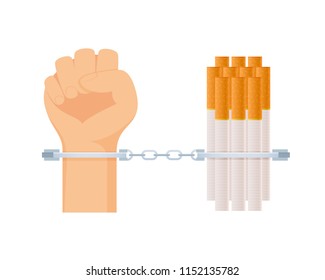 Healthy lifestyle and fighting with cigarettes. Harmfulness with tobacco, stop smoking. Harm caused to the body by smoking. Handcuffs holding hands and cigarettes, bound together. Vector illustration.