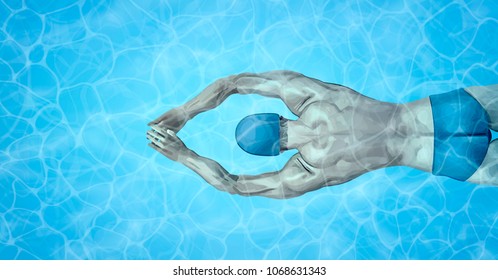 Healthy lifestyle. Fit swimmer training in the swimming pool. Professional male swimmer. Texture of water surface. Pool water. Overhead view. Vector illustration background.