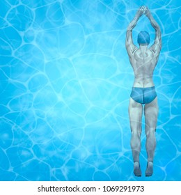 Healthy lifestyle. Fit swimmer training in the swimming pool. Professional male swimmer inside swimming pool. Texture of water surface. Pool water. Overhead view. Vector illustration background