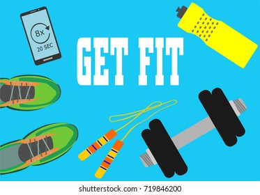 Healthy lifestyle, fitness and active concept. Smartphone, dumbbell, skipping rope, water bottle and sport shoes with word get fit