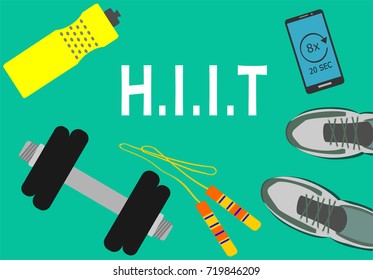 Healthy lifestyle, fitness and active concept. Smartphone, dumbbell, skipping rope, water bottle and sport shoes with word HIIT (high intensity interval training)