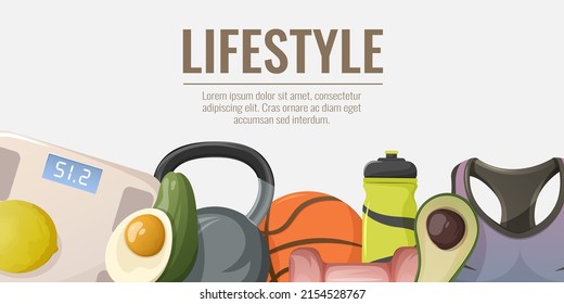 Healthy lifestyle, fitness background. Vector illustration with floor scales, dumbbell, kettlebell, sports bra, water bottle, basketball, organic food, avocado, boiled egg, lemon for banner, website