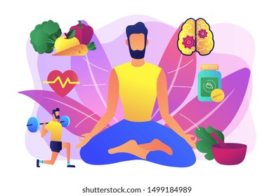 Healthy lifestyle, fitness and balanced diet. Wellness achievement. Holistic medicine, holistic mental therapy, treatment of the whole body concept. Bright vibrant violet vector isolated illustration