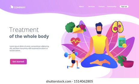 Healthy lifestyle, fitness and balanced diet. Wellness achievement. Holistic medicine, holistic mental therapy, treatment of the whole body concept. Website homepage landing web page template.