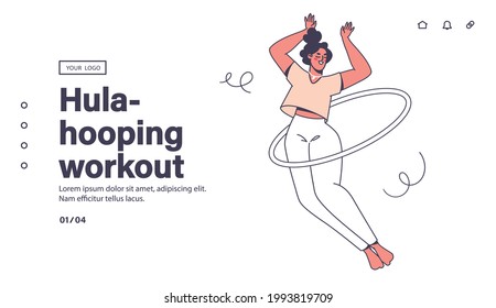 Healthy lifestyle, fitness concept in fun exercise format with hula hoop. Landing page template, web page layout with joyful, happy female character spinning a hoop around her waist. Morning exercises