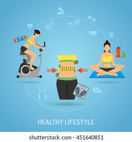 Healthy Lifestyle and Fitness Concept for Mobile Applications, Web Site, Advertising like Yoga, Exercise Bike, Food and Waist Flat icons. Vector illustration