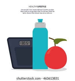 Healthy lifestyle and Fitness concept represented orange bottle and scale icon. Colorfull and flat illustration.