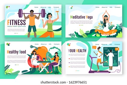 Healthy lifestyle fitness concept for website, vector illustration. Landing page template with articles about training and healthy eating. Cartoon characters modern flat style, weight loss and health