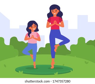 Healthy lifestyle, fitness for family, leisure concept. Mother and daughter training outdoors together, practicing yoga in park. Woman and girl enjoying fitness workout. Flat vector illustration