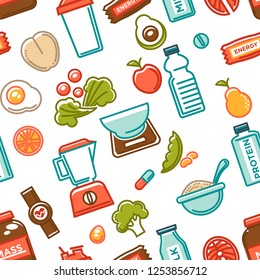 Healthy lifestyle and fitness food nutrition and drinks seamless pattern. Vector flat isolated icons of vegetarian fruits and vegetables, gym and sportsman protein and dietary sport supplies