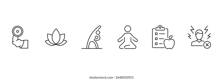 Healthy lifestyle fitness meditation yoga diet nutrition icon vector illustration for wellness routine stress relief activity outline healthcare plan symbol design.