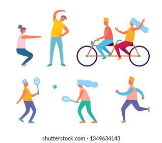 Healthy lifestyle, fitness and outdoor activity vector. Morning exercise and riding bicycle, badminton and jogging, men and women in sportswear, sport