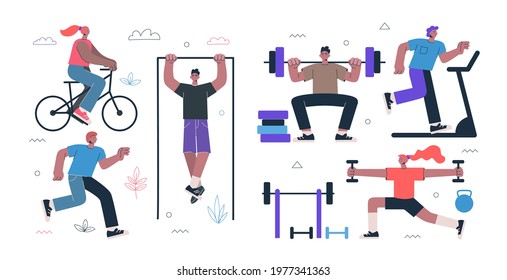 Healthy lifestyle fitness and street workout sports exercises concept. Persons squat with barbell, running on treadmill, ride bike, morning warm-up with dumbbells, pull-up on bar. Gym and work-out