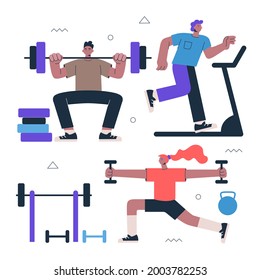 Healthy lifestyle fitness and street workout sports exercises concept. Persons squat with barbell, running on treadmill and morning warm-up with dumbbells. Cardio gym and work-out vector illustration