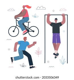 Healthy lifestyle fitness and street workout sports exercises concept. Persons ride bicycle, running and pull up on horizontal bar. Man and woman work-out set vector eps illustration