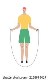 Healthy lifestyle flat composition with isolated human character jumping with skipping rope on blank background vector illustration