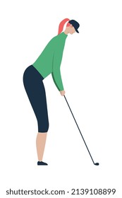 Healthy lifestyle flat composition with isolated character of woman playing golf with brassie on blank background vector illustration