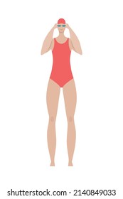 Healthy lifestyle flat composition with isolated character of woman wearing swimsuit and watersport goggles on blank background vector illustration