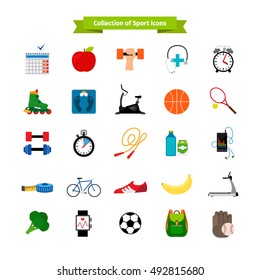 Healthy lifestyle flat icons. Health sleep, diet food, sport training exercises isolated on white. Vector illustration