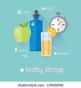 Healthy lifestyle flat illustration. Food, water and sport