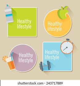 Healthy lifestyle flat illustration stickers. Food, water and sport