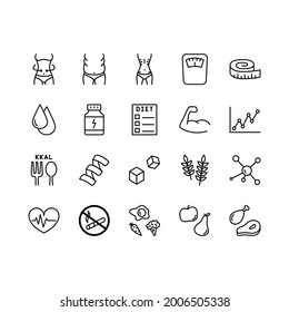 Healthy Lifestyle flat line icons set. Diet food, Fitness, sports supplements. Simple flat vector illustration for store, web site or mobile app.