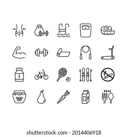 Healthy Lifestyle flat line icons set. Diet food, Fitness, sports supplements. Simple flat vector illustration for store, web site or mobile app.