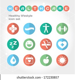 Healthy lifestyle flat round icon set. Vector illustration. Layered file