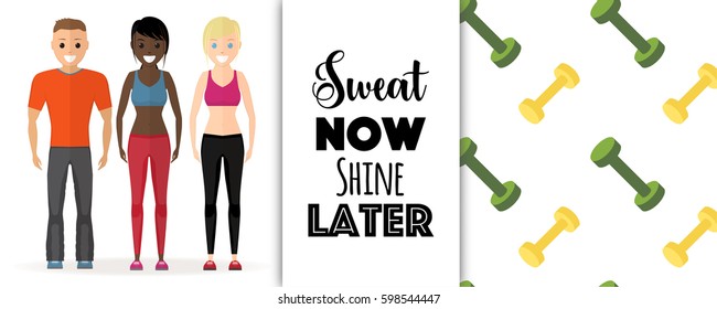 Healthy lifestyle flat vector illustration, Afro American and caucasian team of young man and women standing in sport clothes. Motivational quote text and dumbbell pattern.