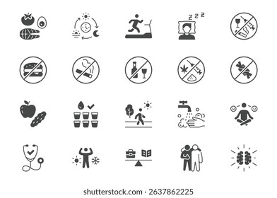 Healthy lifestyle glyph icon set Vector pictograms include icon - fitness, yoga, walking man, hygiene, meditation, hardening black sign silhouette illustration for sport lifestyle.