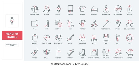 Healthy lifestyle and good habits for body health, work life balance line icons set. Yoga and bike, park walk with pet, sleeping and diet thin black and red outline symbols vector illustration