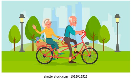 healthy lifestyle.  grandma and grandpa are riding a bike. healthy old age. vector illustration