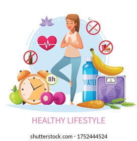 Healthy Lifestyle Habits Cartoon Composition With Nonsmoking Woman Practice Stress Relieving Yoga 8h Sleep Diet Vector Illustration 