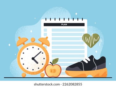 Healthy lifestyle habits concept. Proper daily routine, sports and fitness equipment and nutrition plan. Piece of apple and sneakers. Workout and active lifestyle. Cartoon flat vector illustration